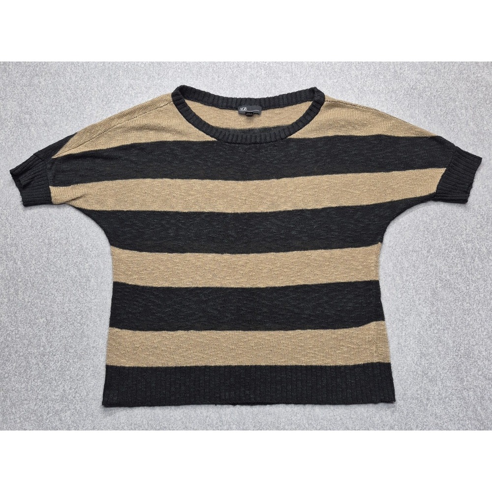 AGB Shirt Womens XL Tan Black Striped Short Sleeve Sweater Knit Pullover Top